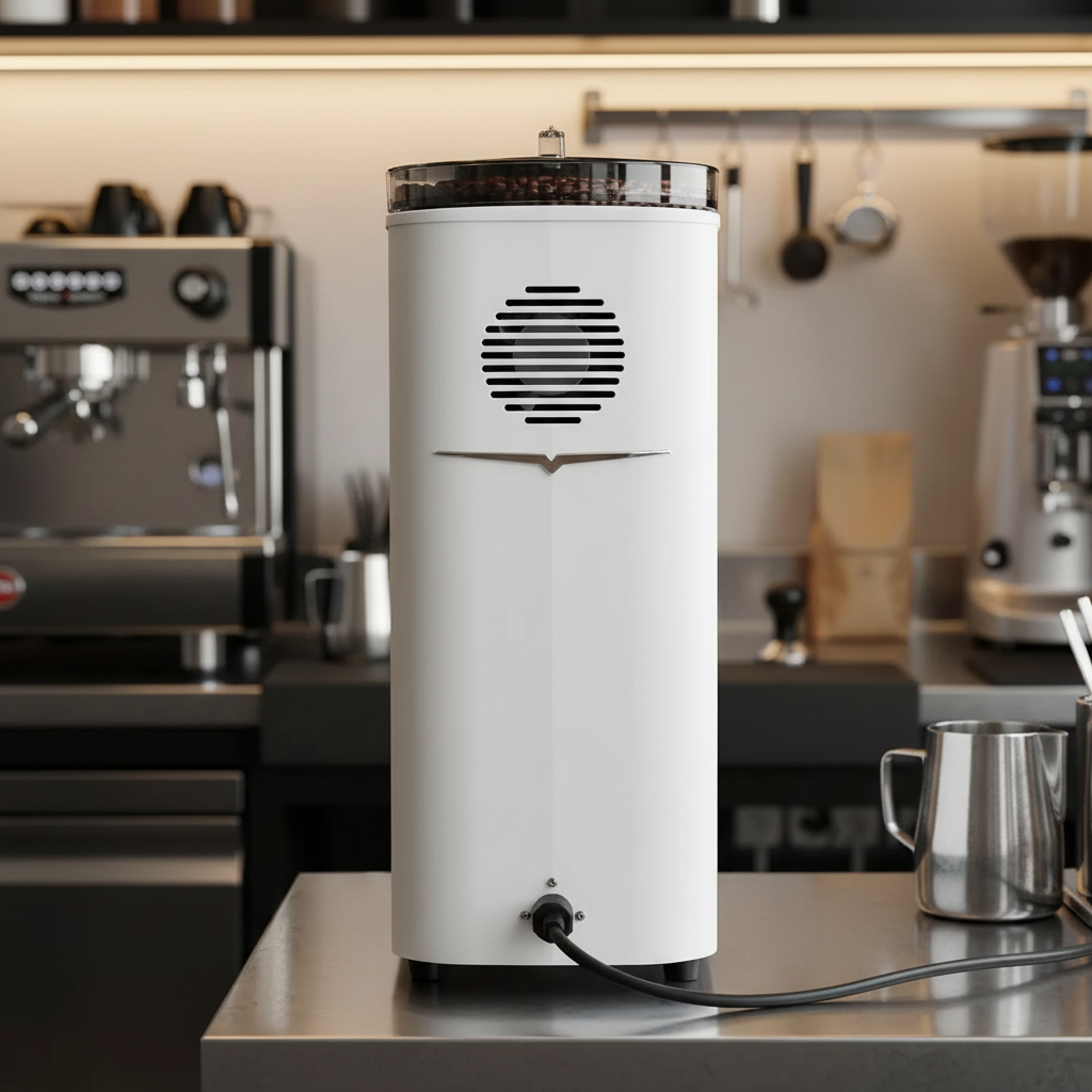 White grinder back view in barista workspace