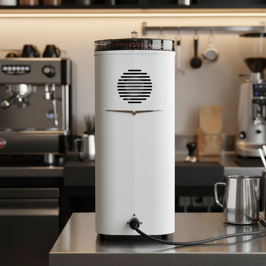 White grinder back view in barista workspace