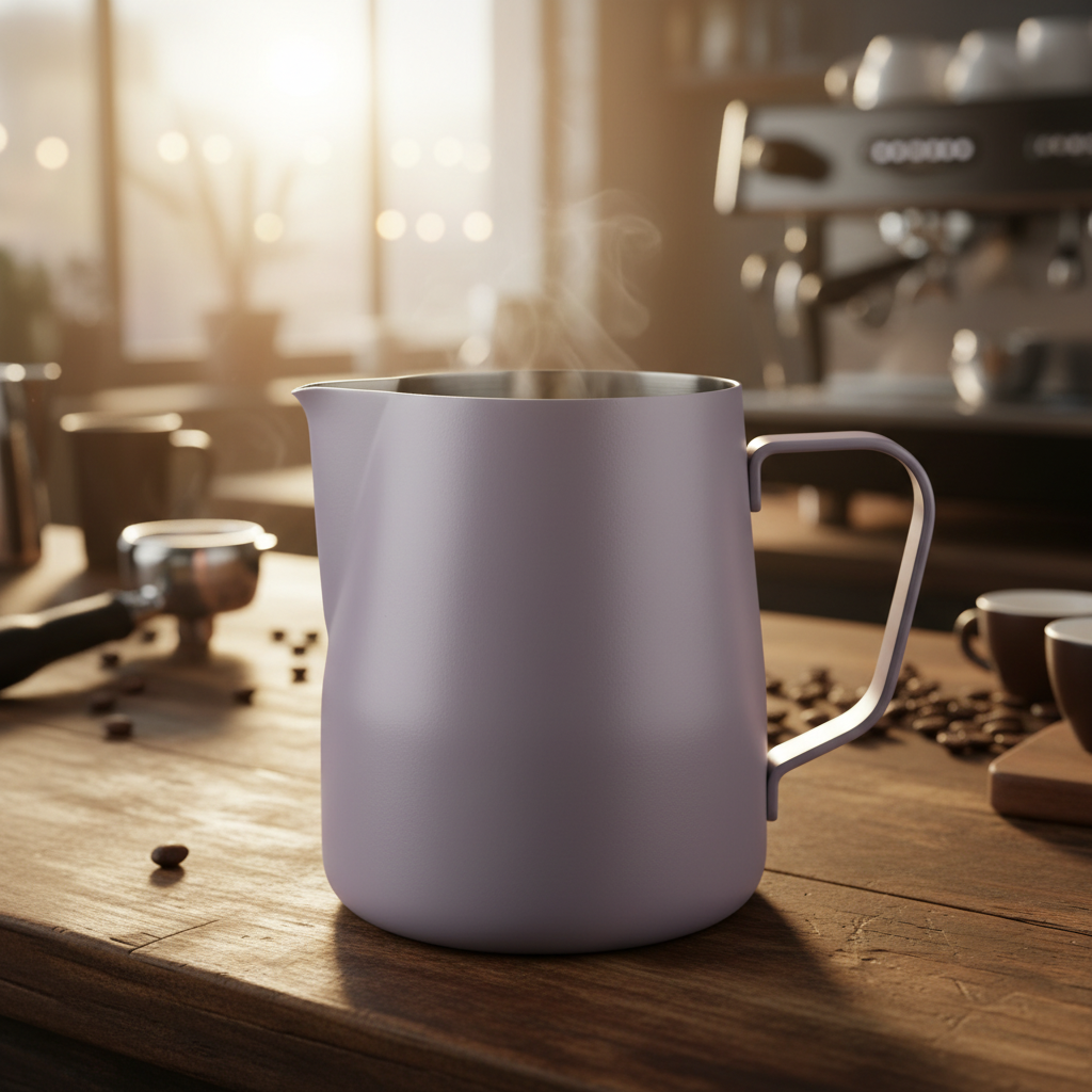 Lavender milk pitcher on coffee bar counter