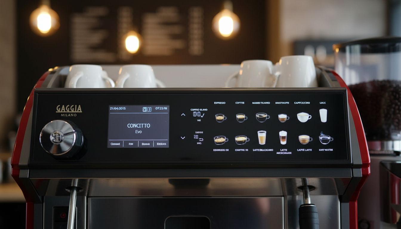 Gaggia touchscreen close-up in coffee shop
