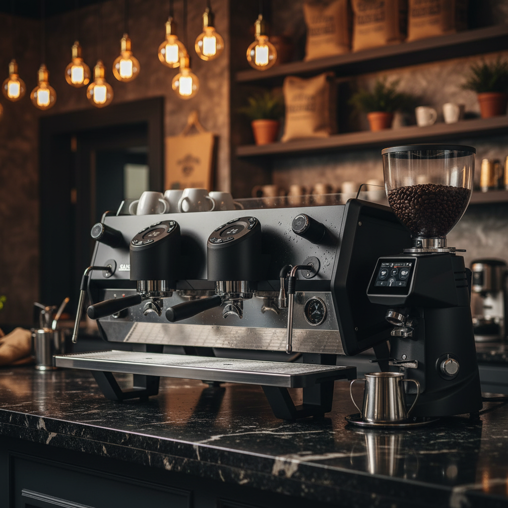 Upscale café interior with dark luxury aesthetic