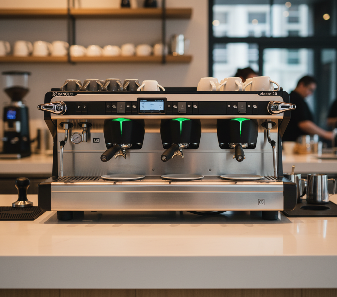 Front view in professional café setting