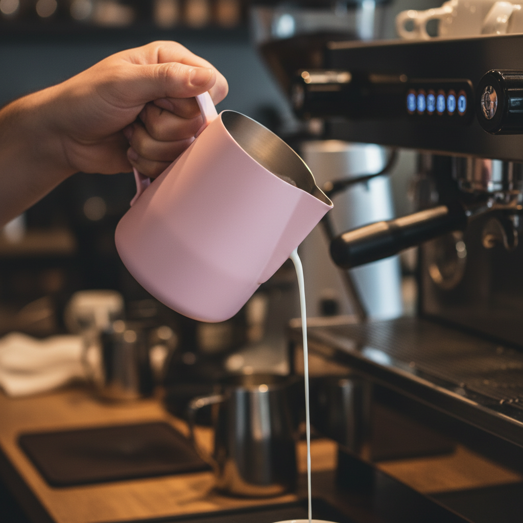 Barista pouring latte art with Rhino pitcher