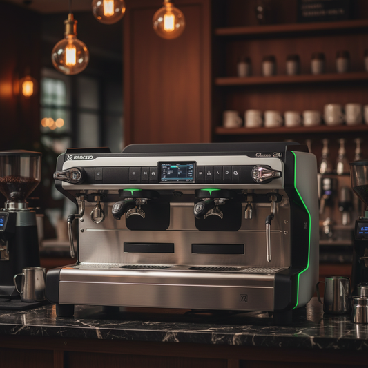 Rancilio espresso machine in elegant coffee bar setting