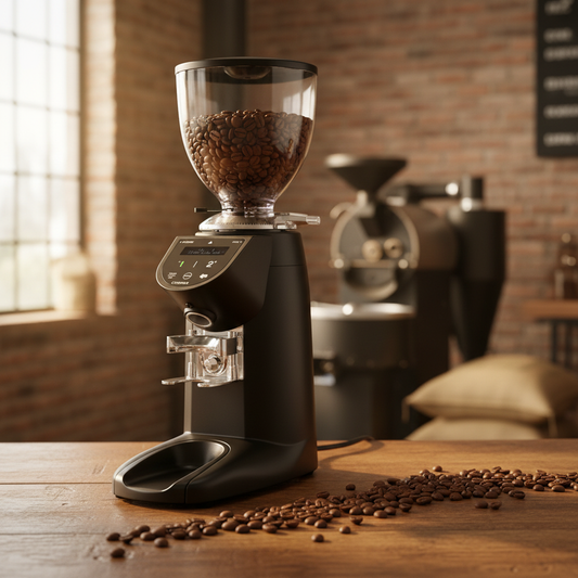 Compak E5 grinder in artisan roastery