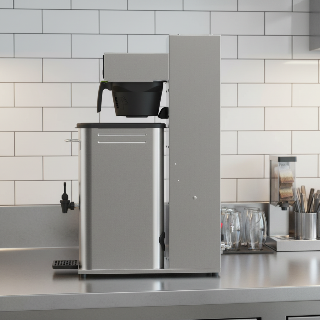 Fetco TBS-1221 side profile in commercial kitchen