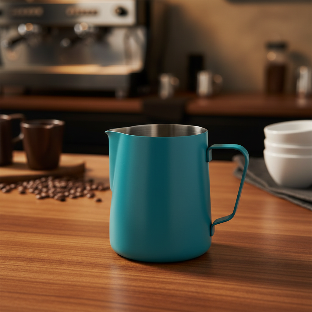 Rhino milk pitcher on espresso bar counter