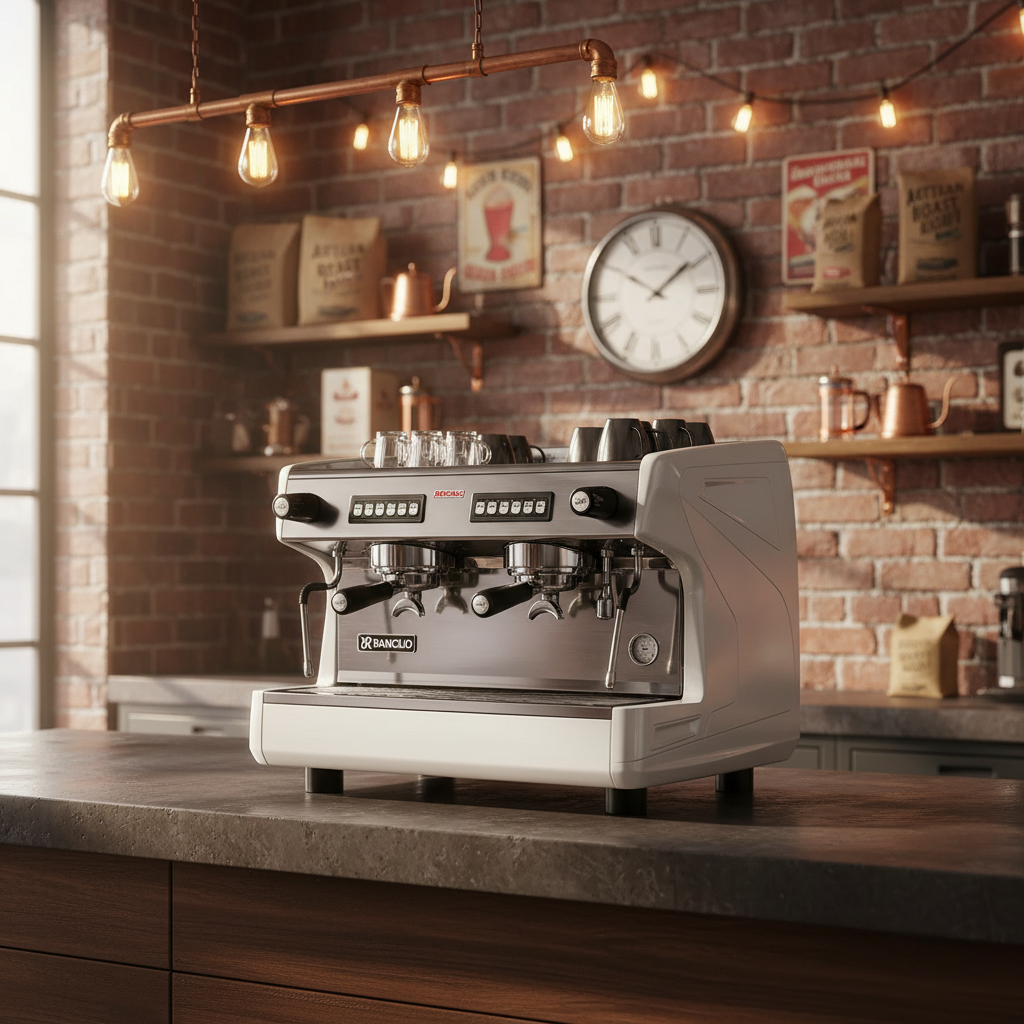 Rancilio espresso machine in rustic-industrial café