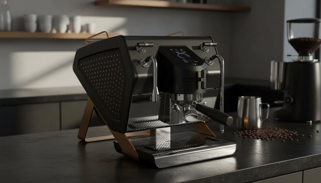 Black Copper Gold Espresso Machine in Modern Café