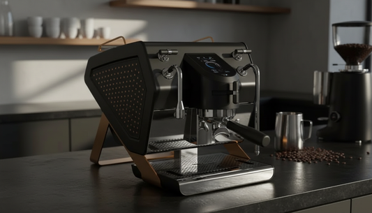 Black Copper Gold Espresso Machine in Modern Café