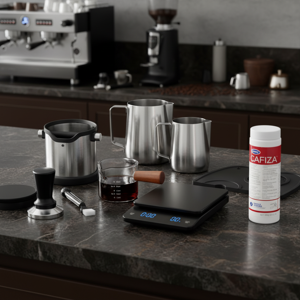 Professional barista tools on dark marble countertop