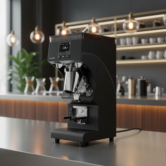 Black Victoria Arduino grinder in high-end coffee bar