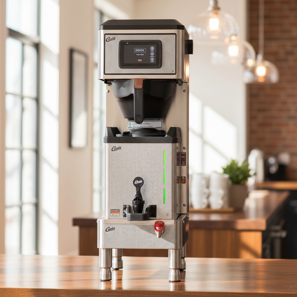 Coffee brewer in modern café setting