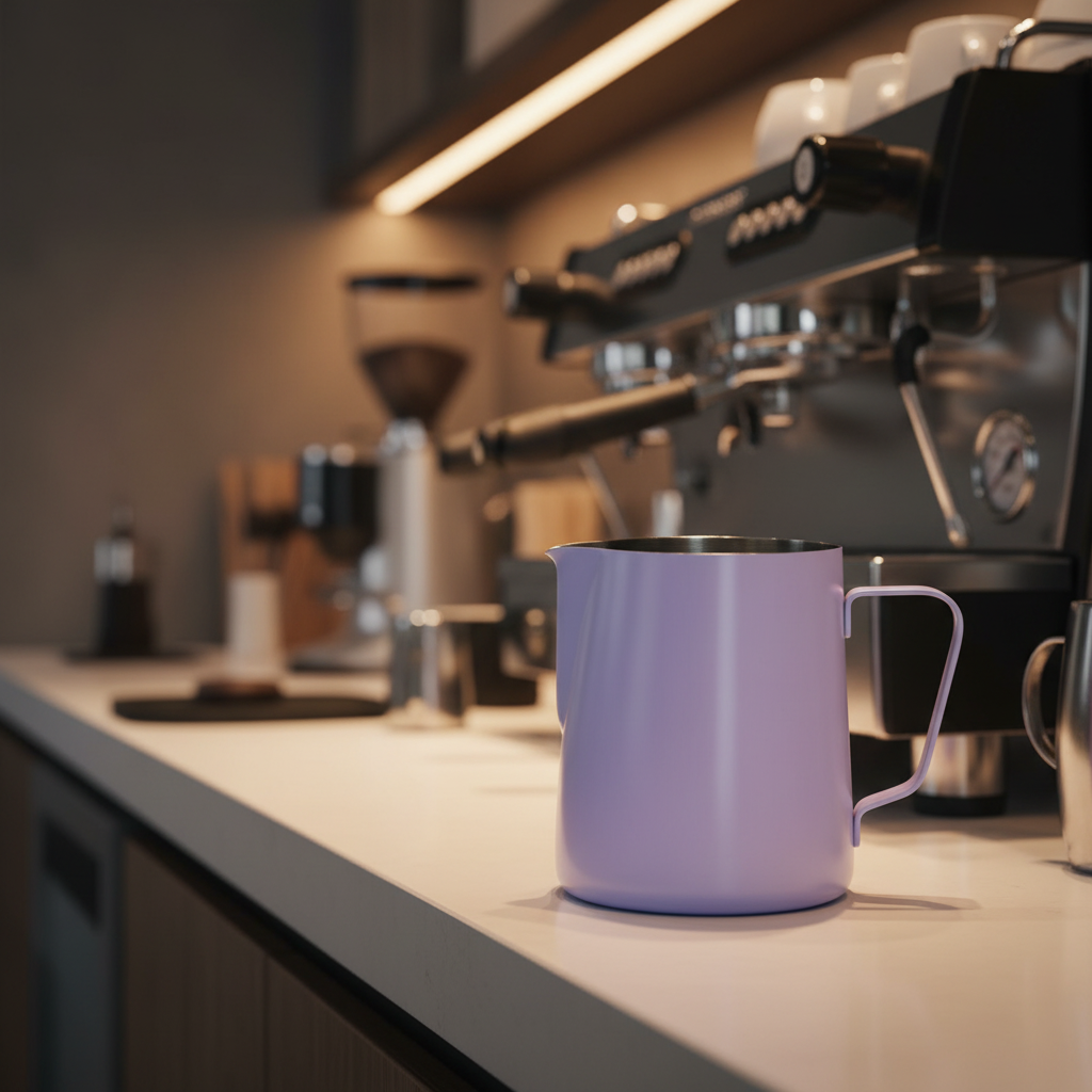Lavender milk pitcher in professional coffee shop