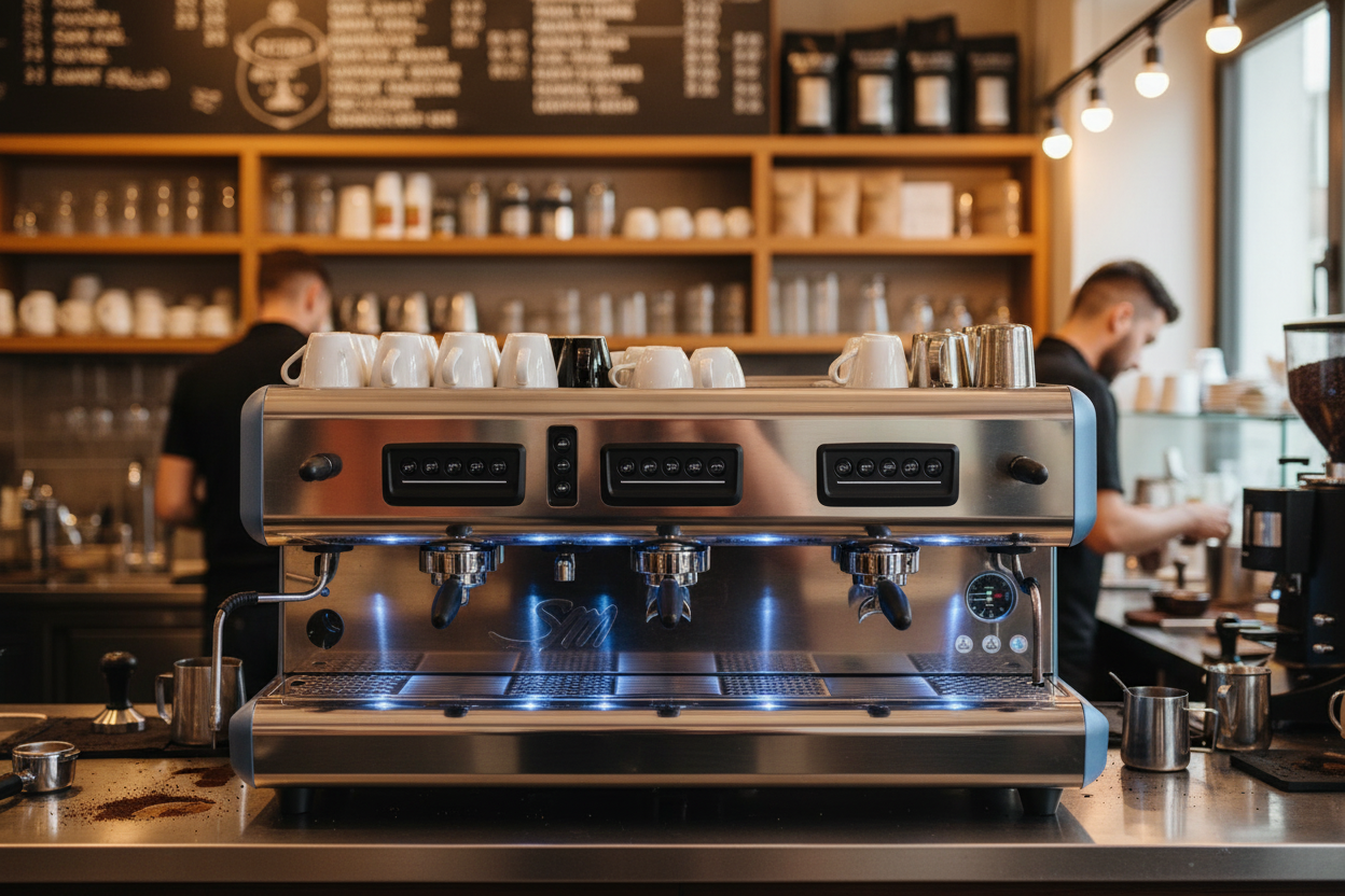La San Marco espresso machine front view in barista workspace