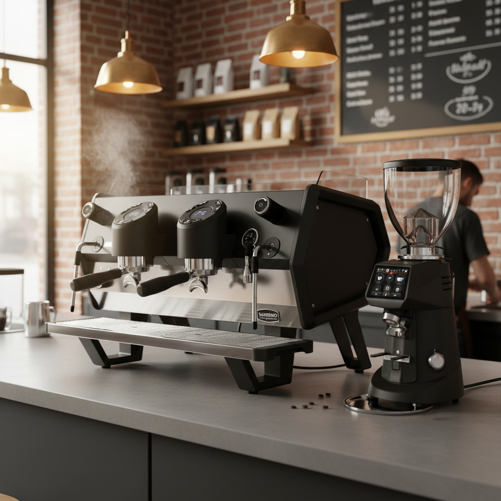 Premium café setting with espresso machine and grinder