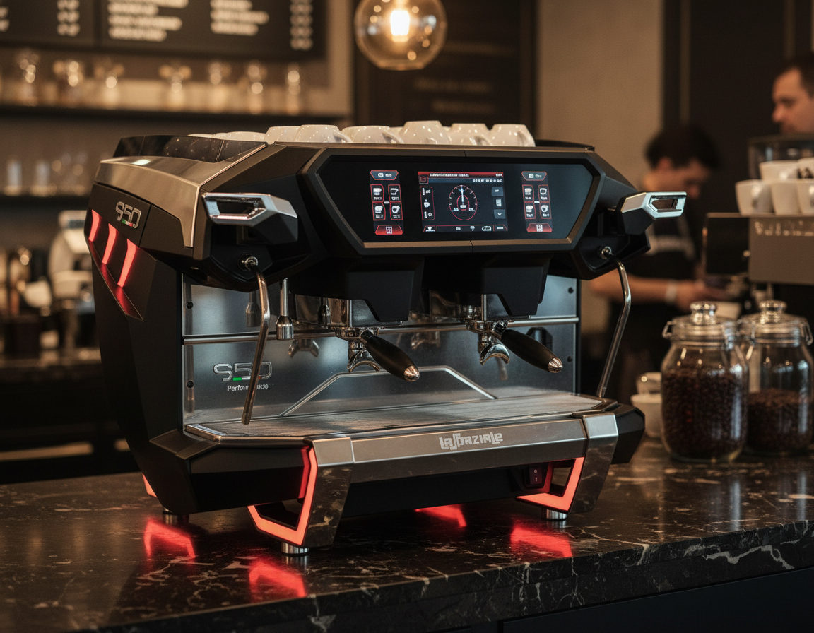 Black espresso machine in café setting