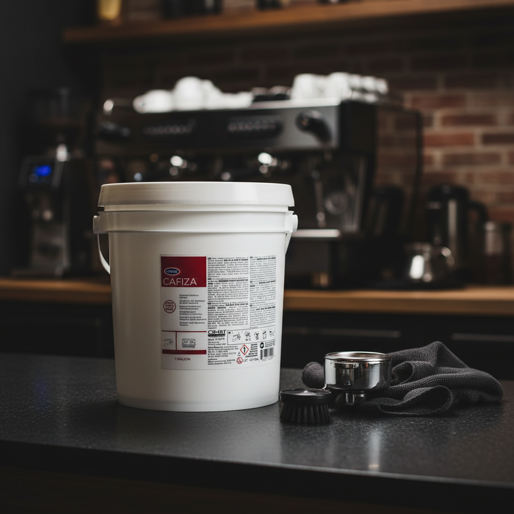 Urnex Cafiza in professional barista workspace