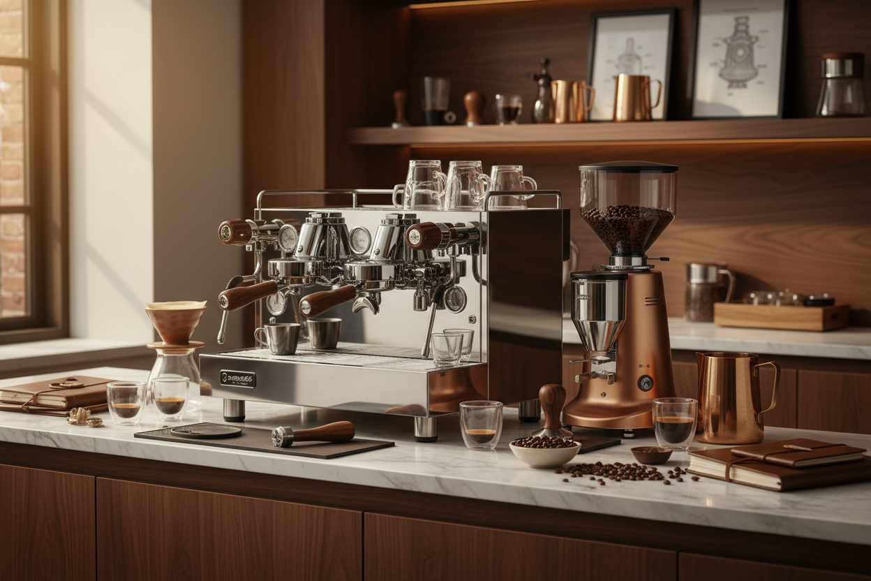 Premium espresso workspace for About Us section